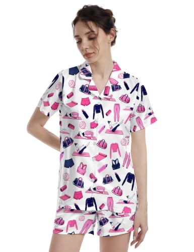 Image of Funny Pajamas for Women Set Print Satin Loungewear Pjs Short Sleeve Button Down Top and Shorts Sets Sleepwear XS-3XL