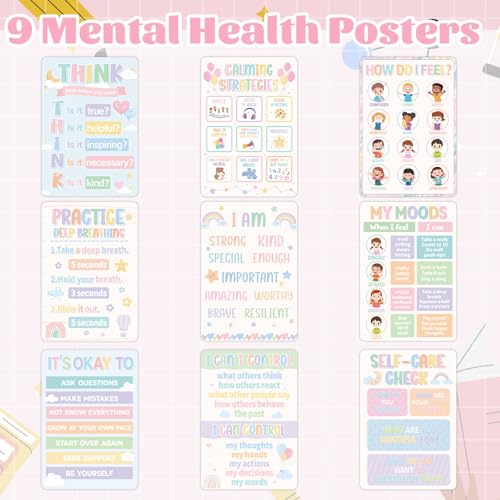 Image of 9Pcs Calming Corner Posters, 13.4 inchx9.2 inch Pastel Calm Down Corner Poster for Classroom Bulletin Boards, Educational Behavior Charts for Elementary Middle Back to School Wall Comfort Corner Decorations Teacher Must Haves