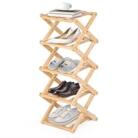 Scettar Vertical Shoe Rack Small, 5 Tier Portable Bamboo Folding Shoe Storage Rack, No Installation Free Standing Wooden Shoe Rack for Bathroom,Living Room Entryway and Corridors