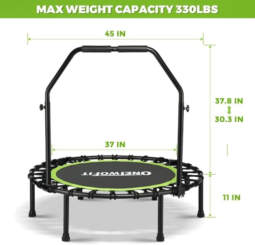Image of ONETWOFIT Foldable Rebounder Trampoline for Adults, 40 /42 /45 inch Mini Fitness Trampoline W /Adjustable Foam Handle Bungees, Quiet Exercise Trampoline for Personal Indoor Workout