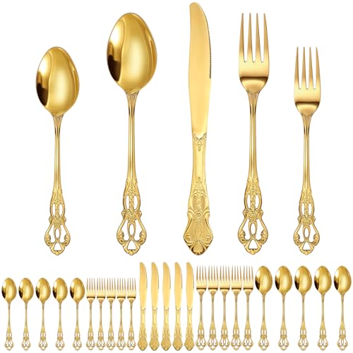Dandat 30 Pcs Retro Silverware Set Service for 12 Vintage Stainless Steel Flatware Set Luxury Cutlery Family Dinnerware Set Include Spoon Fork Knife for Dinnerware Wedding Birthday Party Favor(Gold)