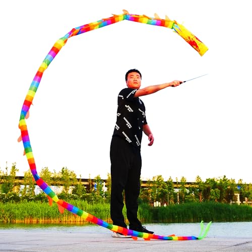 Juggling Play Golden Scales Dragon Flag Poi with Fiberglass Handstick, Flowy Flinging Outdoor Dance Ribbon with Rod for Fitness Party Stage Performance Prop Set (16.4 Ft, Rainbow)