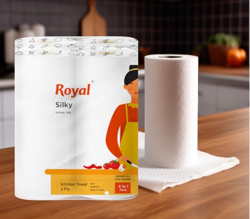 Image of Royal Silky Kitchen Tissue Rolls - 960 Pulls | 60 Kitchen Towels X 16 Rolls| 2-Ply Soft & Strong Kitchen Paper Towel | Highly Absorbent Disposable Kitchen Tissue | 4 rolls x Pack of 4