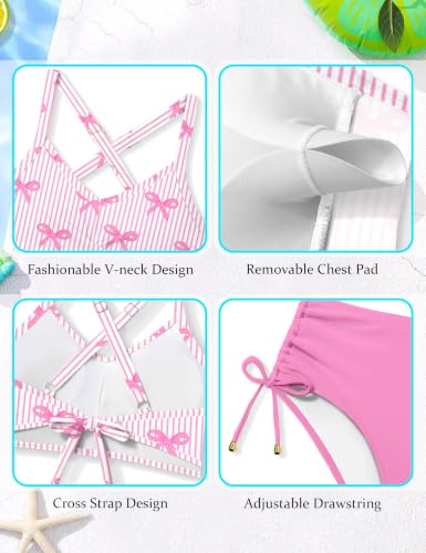 Image of Teen Girls Swimsuits V-Neck Bikini Set Bathing Suits Cross Straps Two Piece Swimwear with Drawstring