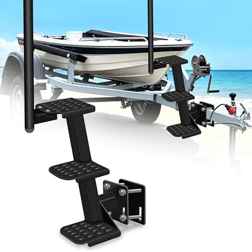 VONLX Heavy-Duty Boat Trailer Steps (3 Steps) with Handle Fits 3 and 3.5 Tall Trailer Tongues Max 500lbs Capacity Fit for Most Bass Boats Pontoon Boats Hunting Boats Universal Fit