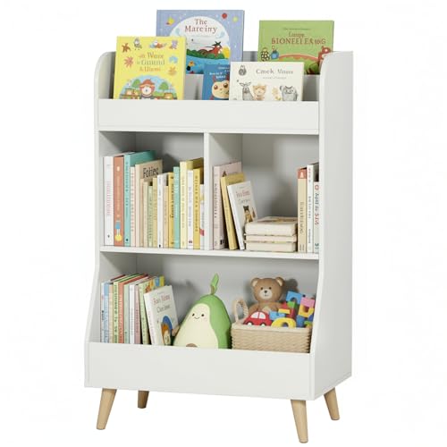 MAMIZO Kinderregal,Bücherregal Kinder,Spielzeugregal,Kinderzimmerregal,Spielzeug Aufbewahrung,Montessori Bücherregal,Kinderbücherregal,mit 2 Ablagefächern,3 offenen Fächern,Weiß