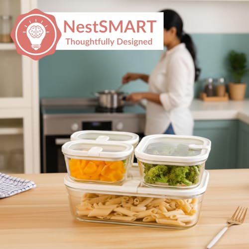 Image of Nestasia Vento Glass Containers with Lid Set of 4 (370ml x 2, 930ml x 1, 2500ml x 1) - Microwave, Refrigerator & Dishwasher Safe Containers with Air Vent Lid for Fridge Storage (Cream)