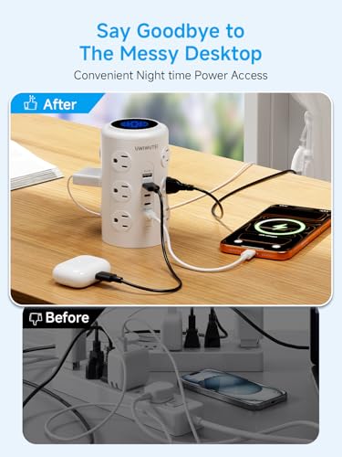Image of Tower Power Strip with 1 Dedicated PD 20W Fast-Charging Port, 12 Outlets, 5 USB Ports (3 USB-C), 1800J Protector, Desk Charging Station for Multiple Devices,10FT Extension Cord, Home Office Essentials