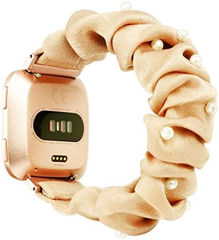 Glebo Elastic Scrunchie Band Compatible with Fitbit Versa/Versa 2/Versa Lite Band, Elastic Strap Studded with Pearls Wristbands Bands for Fitbit Versa Bands for Women, Orange/Large