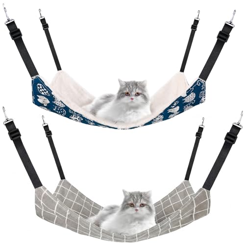 Jetec 2 Pack Cat Hammock for Cage Catio Accessories Reversible Soft Cats Bed with Adjustable Straps and Hooks Double-Sided Linen and Fleece Hanging Hammock for Cats Kitten(Cat and Plaid S)