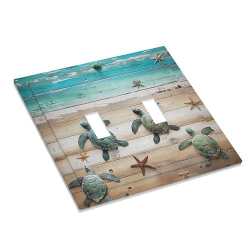 Decorative Light Switch Cover Plate Turtle Starfish Beaches Blue Wood Plank 2 Gang Wall Plate Oversized Double Toggle Two Switch Wall Cover Plate Dual Device Faceplate