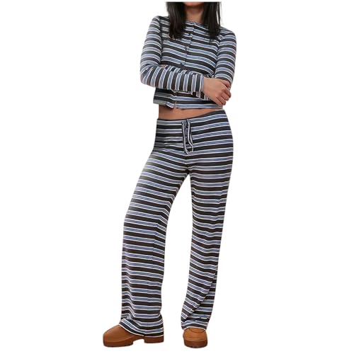 Image of Stripe 2 Piece Lounge Set for Women Ribbed Knit Outfits Striped Matching Tracksuit Button Long Sleeve Crop Top and Wide Leg Drawstring Pants Casual Lounge Set Casual Leisure Outfit
