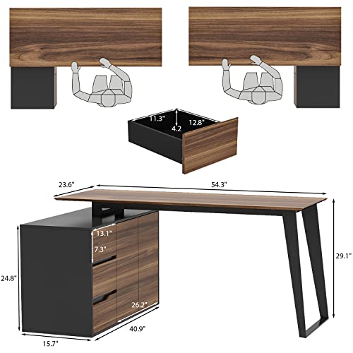 Image of Homsee Home Office Computer Desk Corner Desk with 3 Drawers, 2 Shelves & 2 Doors, 55 Inch Large L-Shaped Study Writing Table with Storage Cabinet, Black & Brown (54.3 inchL x 40.9 inchW x 29.1 inchH)