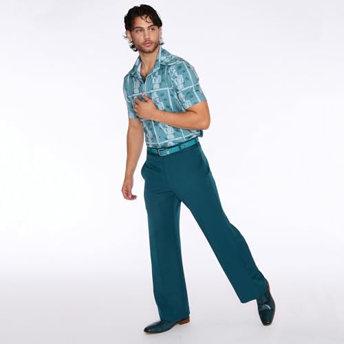 Mens Teal Green Wide Leg Dress Pants Stretch Gabardine 70s Style4