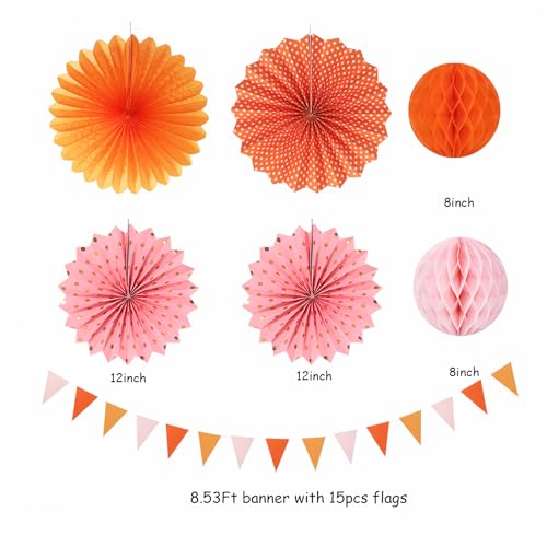 Image of Pink-Orange Groovy Party-Decorations - 20pcs Fall Autumn Thanksgiving Harvest Paper Streamers Lanterns Fans,Tissue Pom Poms,Honeycomb Balls,Bunting,Birthday Baby Bridal Shower Wedding Decor Burgleda