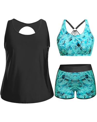 Image of Holipick Women Plus Size Swimsuits - Athletic 3 Piece Tankini with Shorts