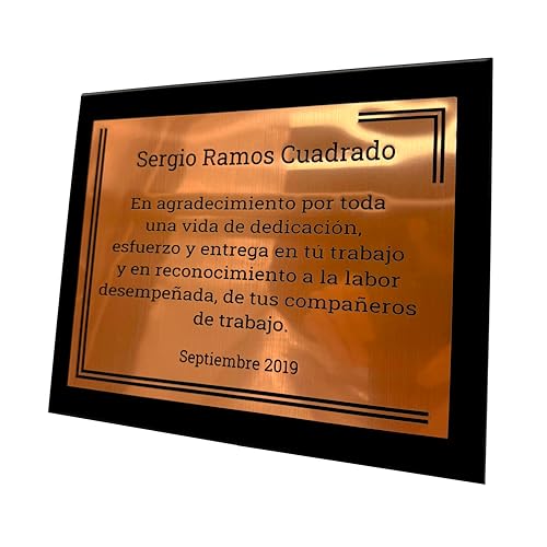 Placa conmemorativa personalizada grabada con láser en acabado cobre.
