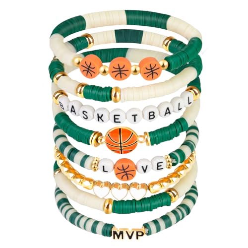 AKAIXI Basketball Stretch Bracelets, Green and Cream White