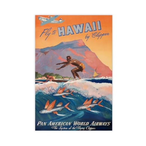 Poster voyage vintage Hawaï 40x60 cm vagues plage pour décoration chambre et bureau