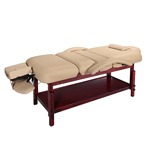 Master Massage 30'' Claudia Stationary Massage Table with Pneumatic Tilting Backrest and Leg Rest, Cream with Mahogany Legs