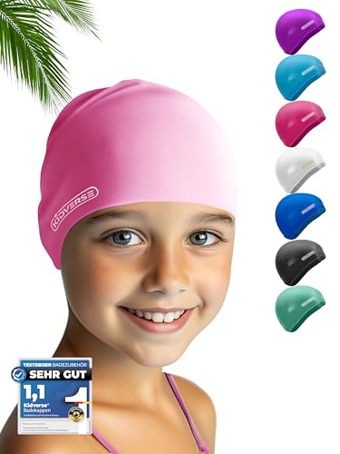 KIDVERSE Badekappe Kinder wasserdicht - Schwimmhaube Kinder mit Anti-Rutsch-Noppen - Badekappen für Schwimmer mit UV Schutz - Schwimmhaube Mädchen - Reißfeste Badehauben in verschiedenen Größen