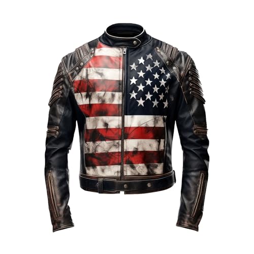 Image of The Next Mens Distressed Inspired by American Flag USA Casual Motorcycle Zipper Coat With USA Flag Genuine Leather Jackets