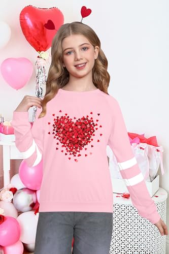 Image of LAZYCHILD Kids Valentine Shirt Girls Valentines Day Shirts Heart Graphic Long Sleeve Striped Tee Tops 5-14 Years