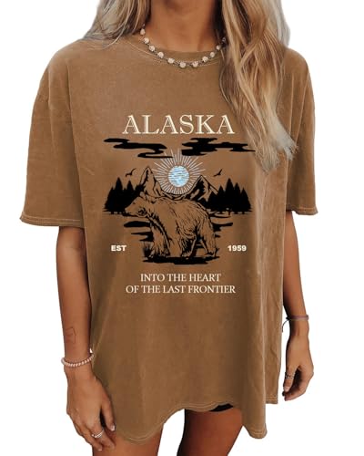 CSDAJIO Women's Graphic Oversized Tshirt Vintage Half Sleeve Round Neck Baggy Tee Summer Casual Tunic Shirt Bear Alaska Brown X-Large