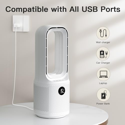 let\'me Bladeless Desk Fan Small Quiet,5-Speed Bedside Table Fan with 3-Level Brightness Night Light, 72° Oscillation, 9-Hour Timer, Wired Power with Adapter,Fan for Bedroom Office Home,13x5 Incn - Thumbnail 7