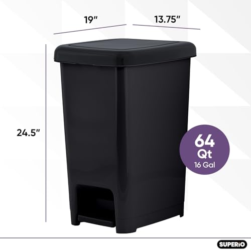 Image of Superio Kitchen Trash Can, Slim Step On Garbage Can with Foot Pedal, 16 Gallon, 64 Qt. Large Black Heavy Duty Plastic Trash and Recycling Bin