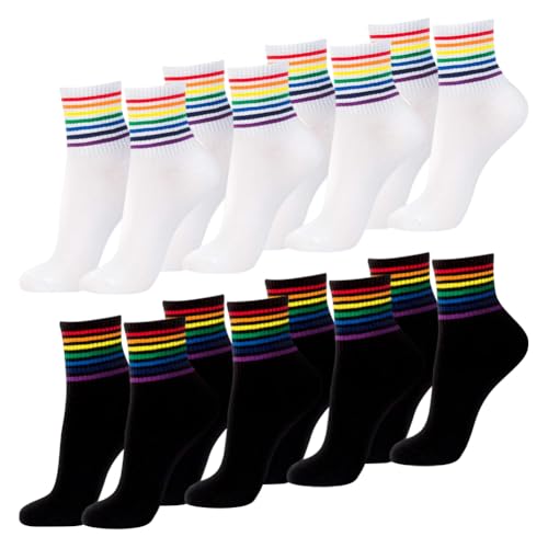 GSHLLO 8 Pairs Rainbow Striped Athletic Socks Soft Pride Sport Socks Classic Over Ankle Socks Colorful Breathable Cotton Socks