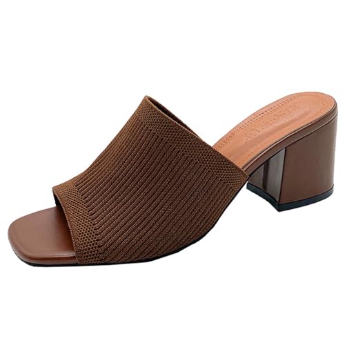 Women's High-heeled Sandals Square Open Toe Knitted Summer Mules Comfortable Breathable Slip On Chunky Block Heel Slide Sandals Dress Sandals For Party
