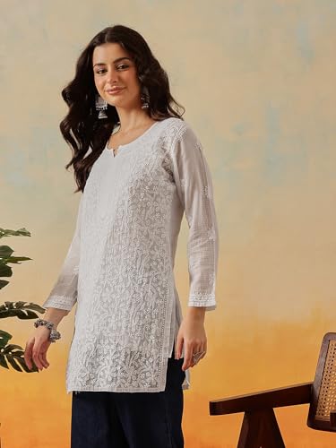 Image of Ada Women's Cotton Blend Regular Fit Tunic Hand Embroidered Lucknowi Chikankari Kota Western Top Kurti With Slip A911184