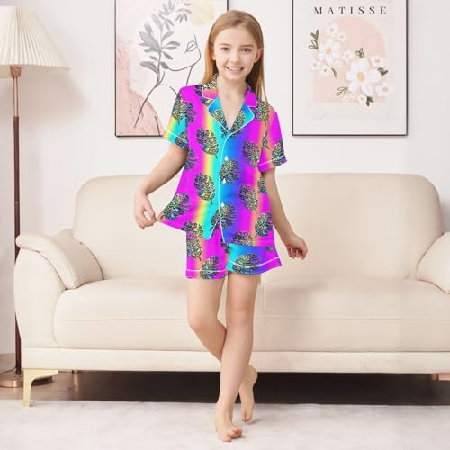 Turtle Shell Leaf Pattern Pajamas Sets Short Sleeve Silk Stain Pjs Button Down Sleepwear for 5-14Y3