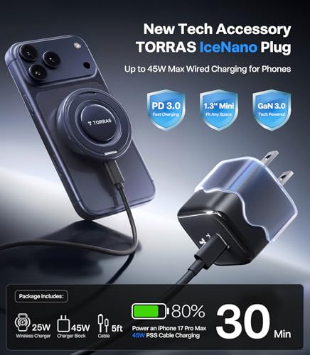 Image of TORRAS Qi2.2 25W Wireless Charger, Magnetic Charger for Phone 17 16 15 14 13, Samsung Galaxy S26 S25, Phone Wireless Charger, Phone Charger Stand with Cable and Plug, Black