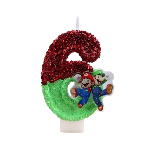 Mario Number 6 Candles, Cartoon Cake Topper, Birthday Party Decorations Supplies (6)