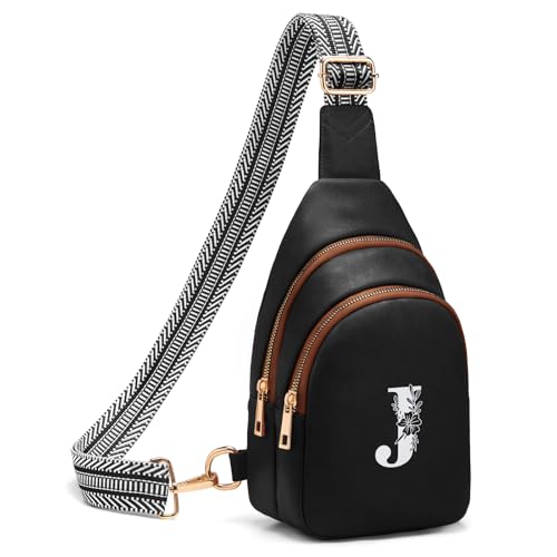 Crossbody Bags for Women Initial Sling Bag Cross Body Fanny Packs Personalized Gifts for Mom Women Wife Black With Brown J