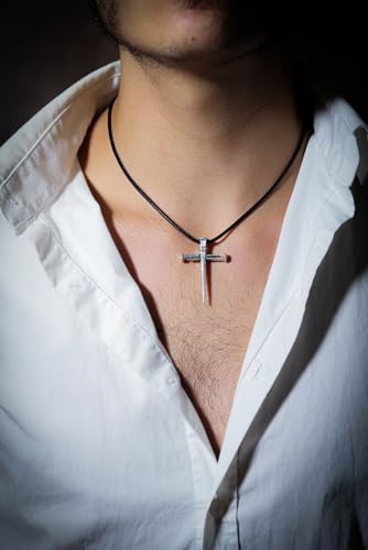 Nail Cross Necklace Sterling Silver 925 – Christian Three Nails Crucifixion Pendant for Men | Handmade in Jerusalem with Oxidized Antique Finish & Leather Cord4