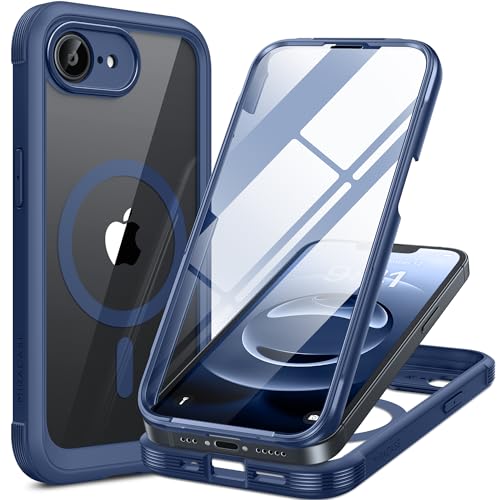 Miracase iPhone 17E / 16E ケース MagSafe対応 あいふおん17E / 16E スマホケース 2025 9H強化ガラス 6.1インチ フルカバー 360°全身保護 ワイヤレス充電対応 ダークブルー