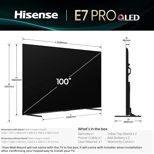Image of Hisense 254 cm (100 Inches) 4K Ultra HD Smart QLED TV | Dolby Vision Atmos, HDR10+ Adaptive | 144 Hz Game Mode Pro | 2.1 CH 50W Speakers with Subwoofer | VIDAA OS | 100E7Q PRO (Charcoal Grey)