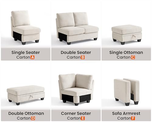 Image of CHIC HOUSE Middle Module for Modular Couch, Corduroy Customizable Chaise, Storage Ottoman for Sectional Sofa, Armrest, Single /Double Seater
