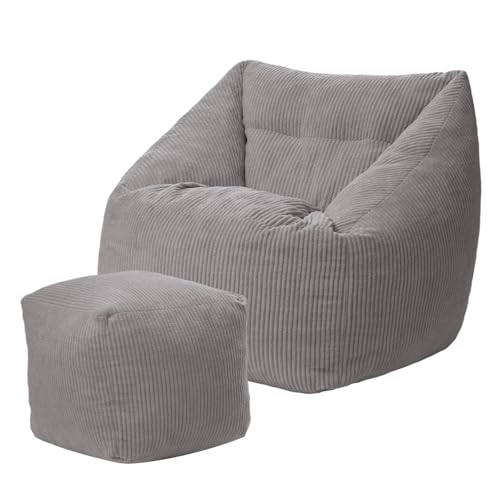 GREENSAPPIRE Bean Bag Chair with Footstool Charcoal Grey Large Bean Bags Adult Bean Bag Sofa with Filling Included Suitable for Living Room and Bedroom