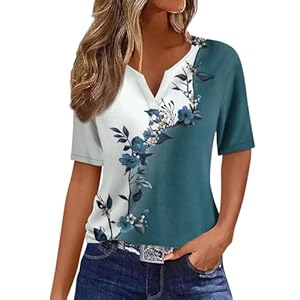 Damen T-Shirt Sommer V-Ausschnitt Locker Tee Tops Casual Kurzarm Oberteile Comfy Tunika Shirts,Blau,XL
