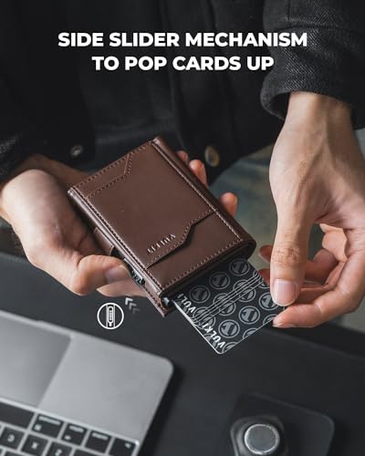 Image of VULKIT Pop up Card Wallet with AirTag Holder RFID Blocking Credit Card Holder with Banknote Compartment & ID Window for Men(Espresso)