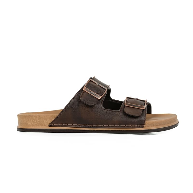 Image of Jogger Men's Casual Double Strap Buckle Slipper | Comfortable Slide Sandal (Brown, UK Footwear Size System, Adult, Men, Numeric, Medium, 10)