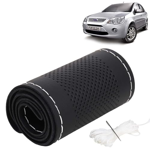 Image of KINGSWAY PU Leatherite Car Steering Cover Sewable Compatible with Ford Fiesta (Year 2005-2011), Black Color with Silver Thread, Pack of 1 with Sewing Needle and Thread