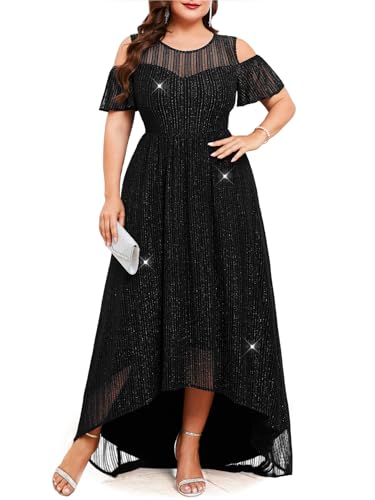 Image of ZOMVA Plus Size Sparkly Mesh Maxi Dress Cold Shoulder Ruffle Sleeve High Low A Line Dresses Wedding Guest Cocktail Party