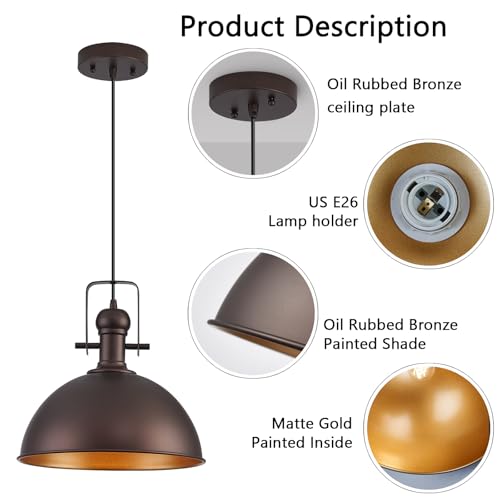 Image of 12 Inch ORB Farmhouse Pendant Lights for Kitchen Island 3 Pack | ETL Certificate, Easy to Install,Adjustable Height Cord,Vintage Industrial Dome Hanging Light Fixtures