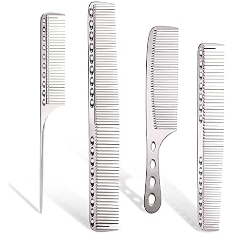Cgbarber Professional Aluminum Hair Combs Set: Long Cutting Comb, Short Styling Comb, Handle Comb, and Tail Comb (Silver) Cover