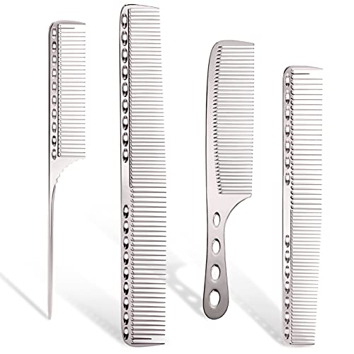 Cgbarber Professional Aluminum Dressing Comb, 4 Types Metal Hair Combs For Hair Styling Included Long Hair Cutting Comb，Short Styling Comb，Handle Comb，Tail Comb(silver)